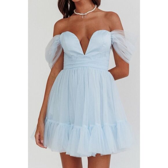 NWT SELFIE LESLIE PIXI OFF-SHOULDER LACE-UP BACK BACK DRESS Baby Blue S - Picture 5 of 8